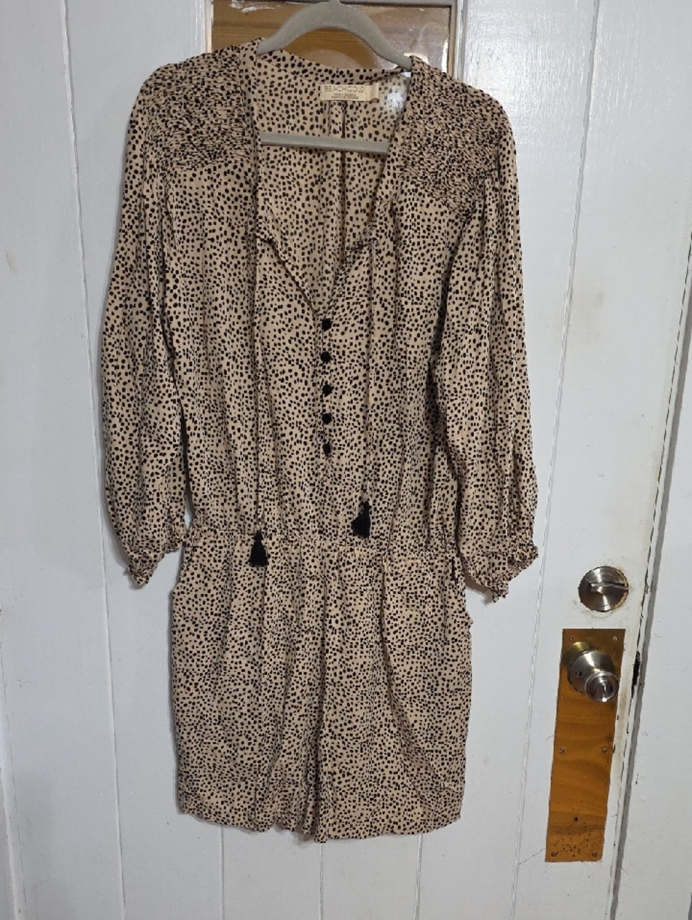 Beach Gold Womens Romper Tan W/Black Polka Dots Tassels Smocked Elastic Sz L EUC